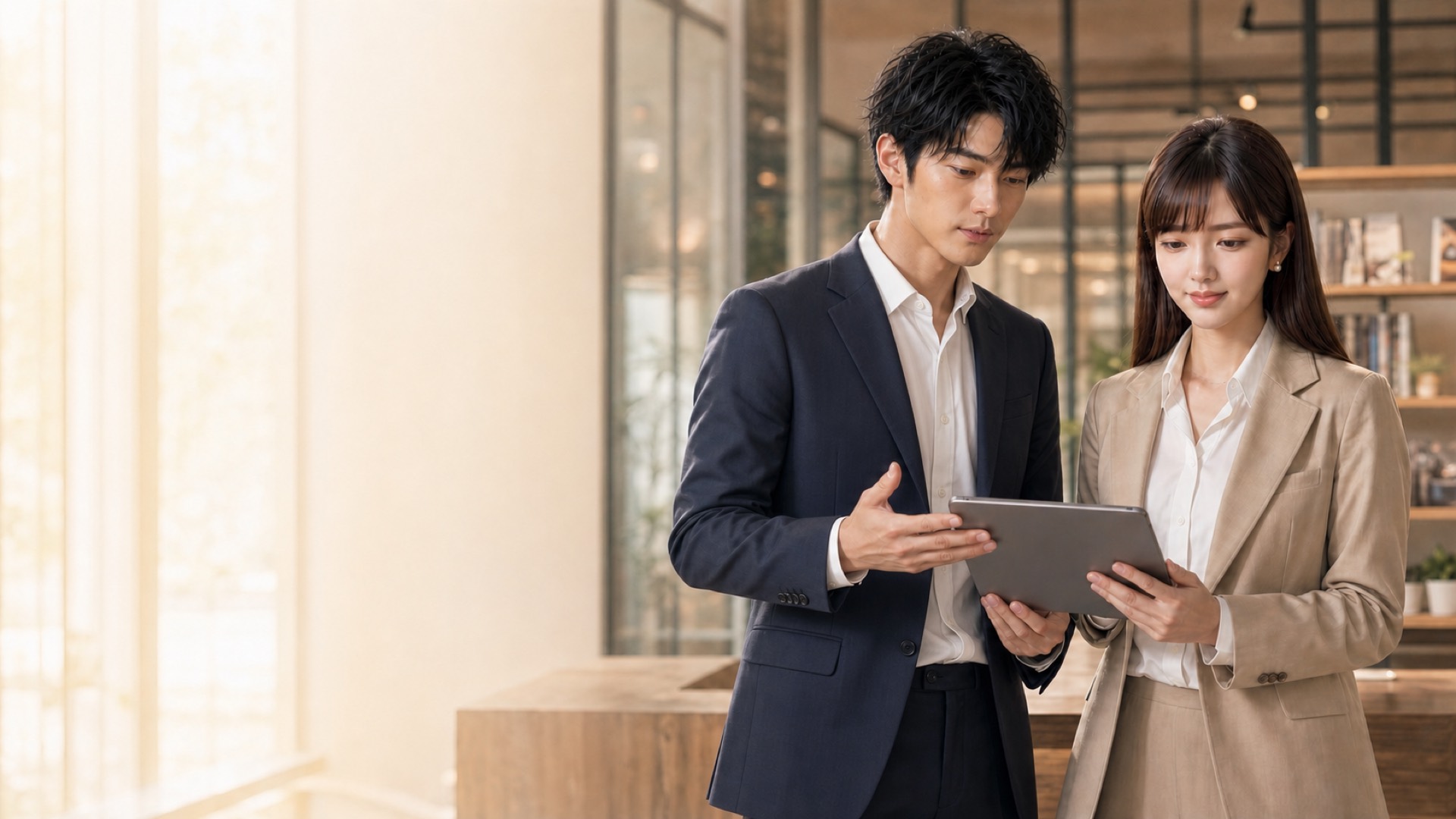 タブレットで電子ブックを確認する二人