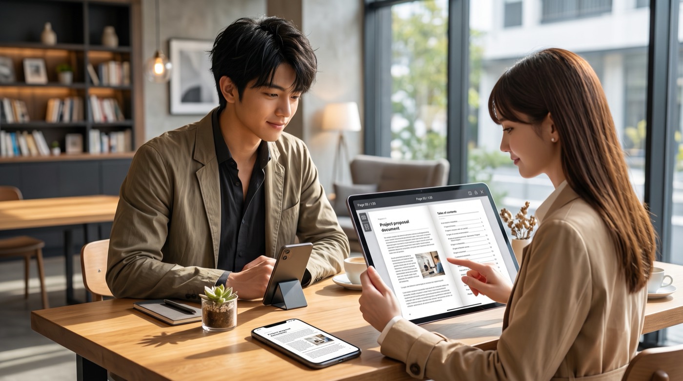 カフェでタブレットとスマートフォンから電子カタログを見ている様子